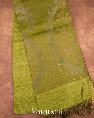 Mehendi Green Jamdani Pure Matka Silk Handloom Saree