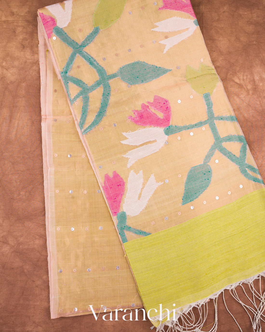 Lemon Green Jamdani Pure Matka Muslin Tissue Silk Handloom Saree