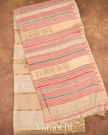 Beige with Muslin Stripes With Pure Matka Silk Handloom Saree