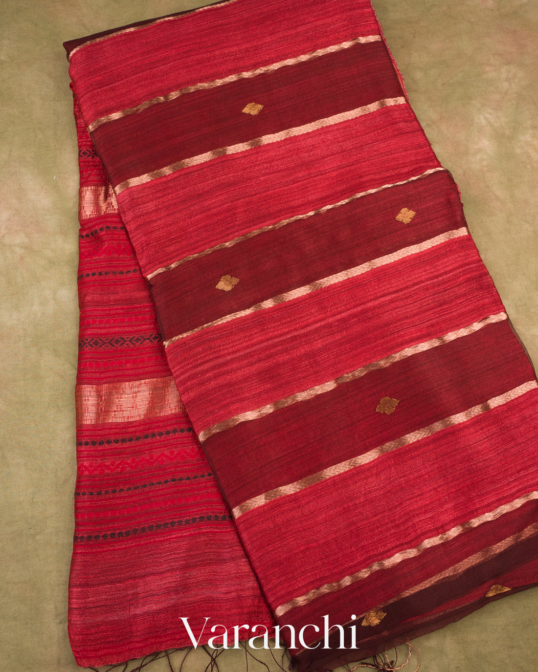 Maroon-Red with Muslin Stripes With Pure Matka Silk Handloom Saree