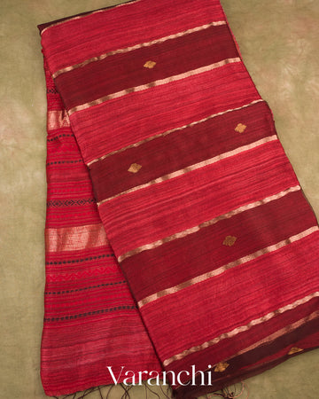 Maroon-Red with Muslin Stripes With Pure Matka Silk Handloom Saree