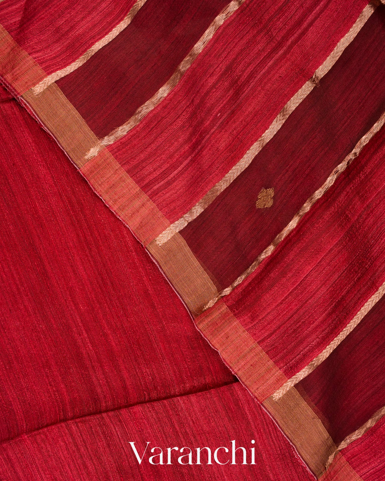 Maroon-Red with Muslin Stripes With Pure Matka Silk Handloom Saree