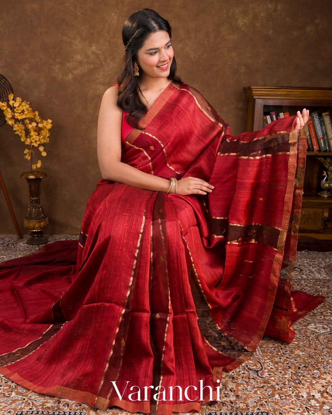 Maroon-Red with Muslin Stripes With Pure Matka Silk Handloom Saree