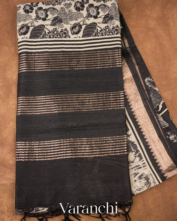 Charcoal Black Digital Printed Pure Moonga Silk Saree