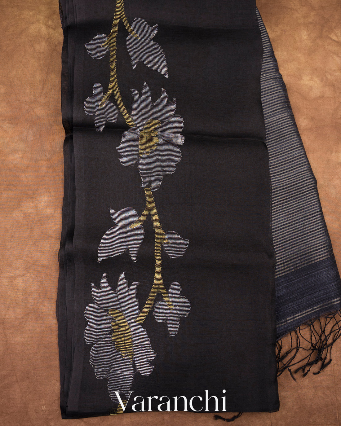Charcoal Black Jamdani Pure Muslin Silk Handloom Saree