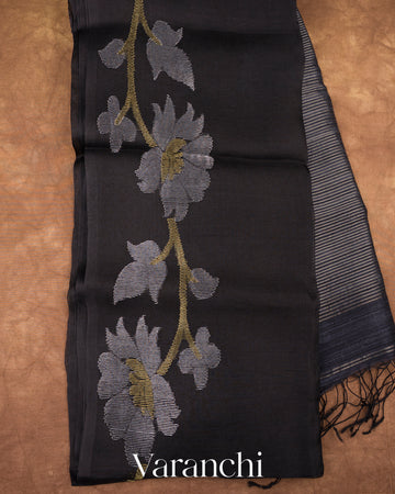 Charcoal Black Jamdani Pure Muslin Silk Handloom Saree