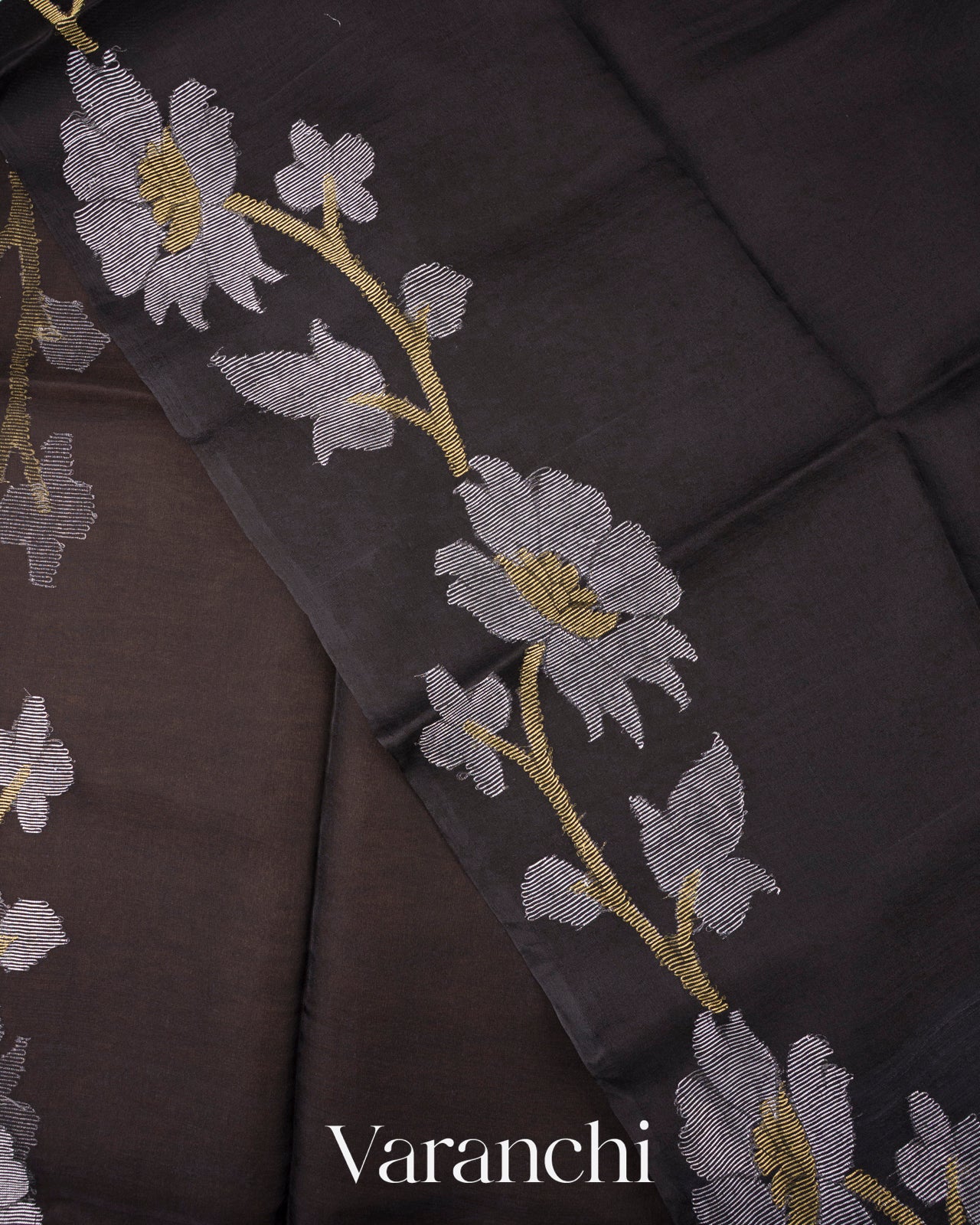 Charcoal Black Jamdani Pure Muslin Silk Handloom Saree