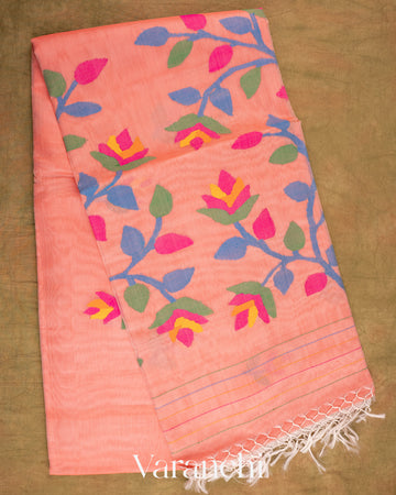 Peach Jamdani Pure Muslin Silk Handloom Saree