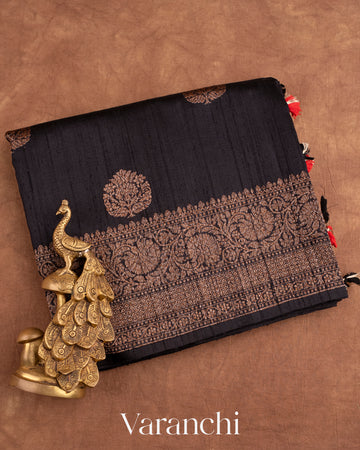 Jet Black Raw Silk Handloom Saree