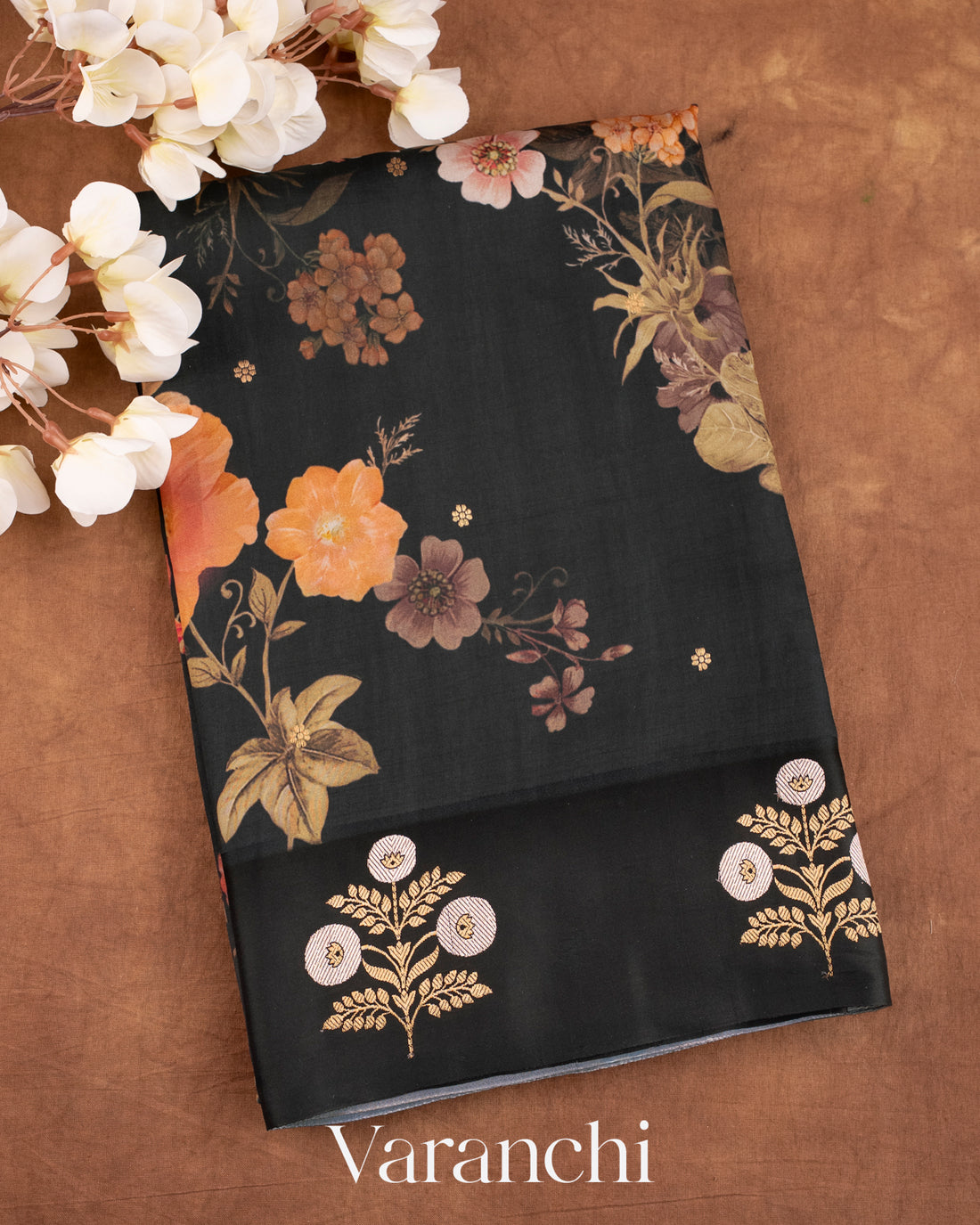 Black Floral Printed Pure Raw Mango Silk Handloom Saree