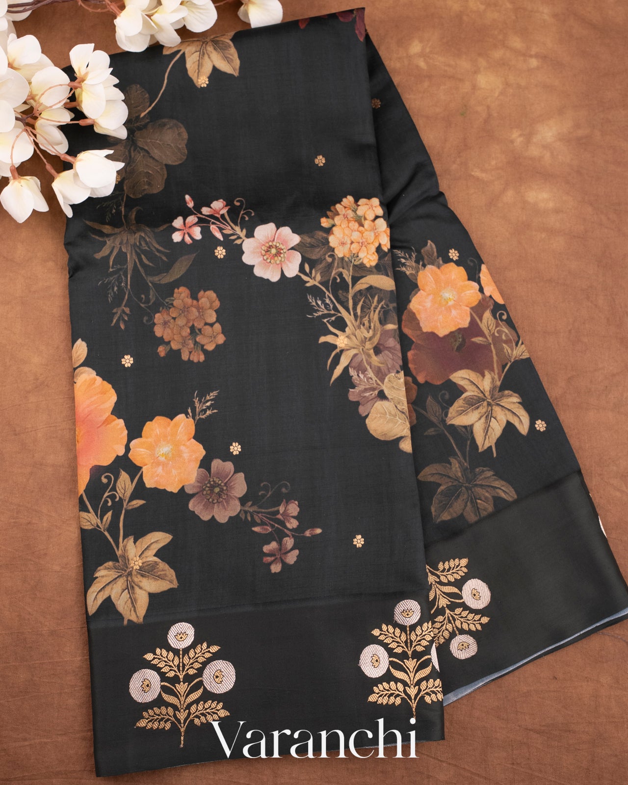 Black Floral Printed Pure Raw Mango Silk Handloom Saree