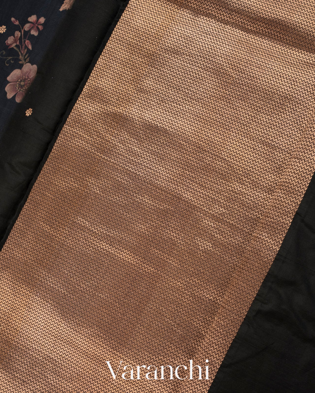 Black Floral Printed Pure Raw Mango Silk Handloom Saree