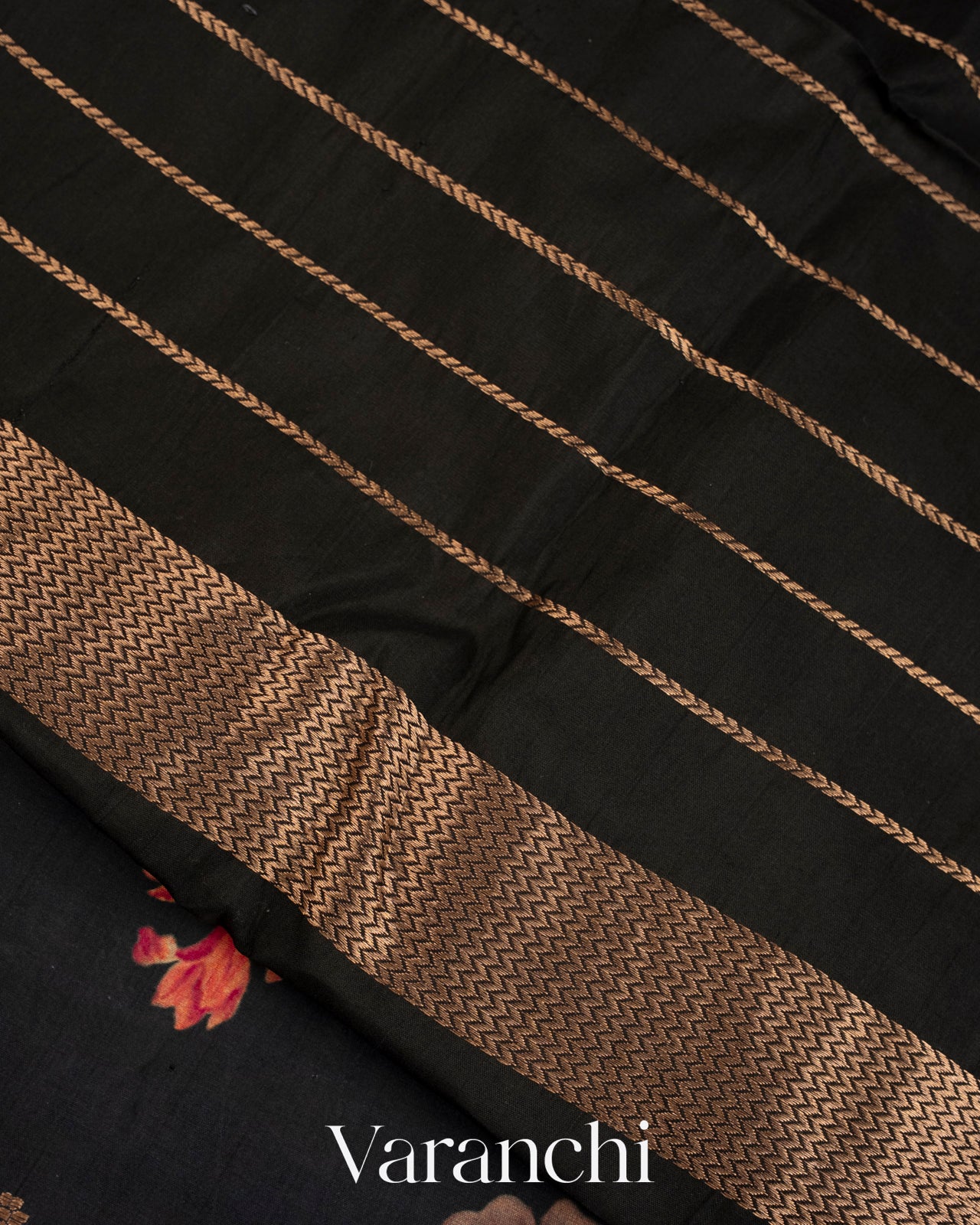 Black Floral Printed Pure Raw Mango Silk Handloom Saree