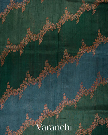 Green and Blue Tricolour Pure Raw Silk Handloom Saree