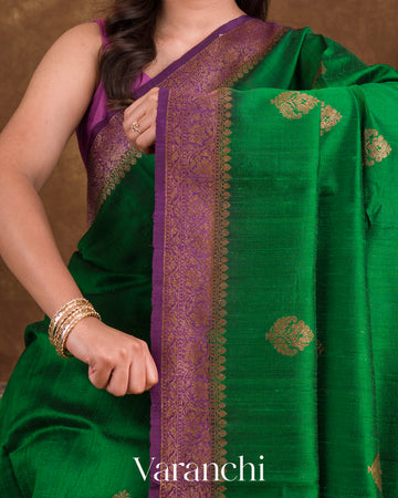 Deep Green Pure Raw Silk Handloom Saree