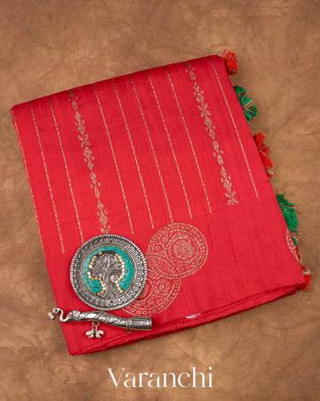 Bright Red Pure Raw Silk Handloom Saree