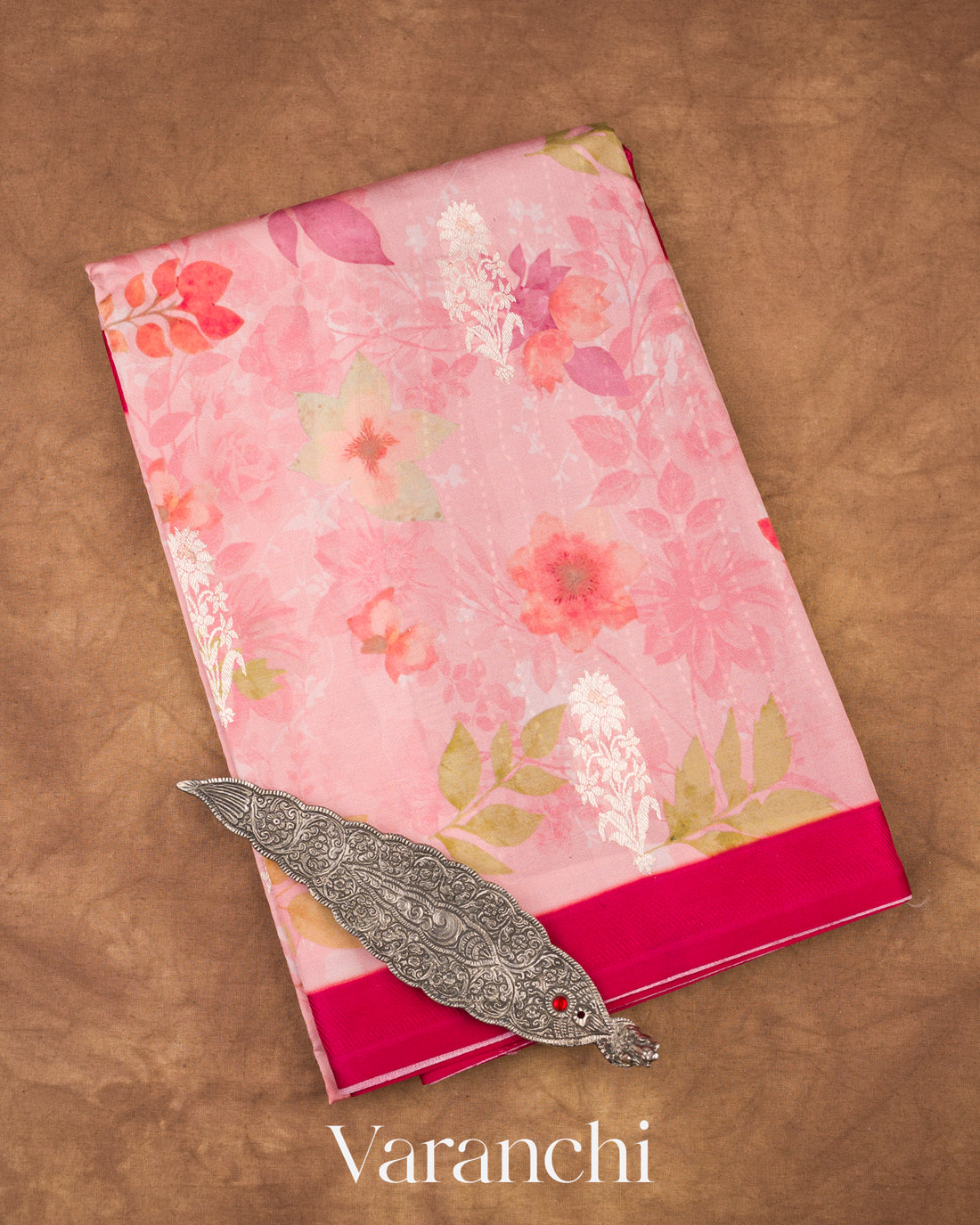 Baby Pink Floral Printed Pure Raw Mango Silk Handloom Saree