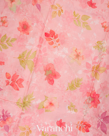 Baby Pink Floral Printed Pure Raw Mango Silk Handloom Saree