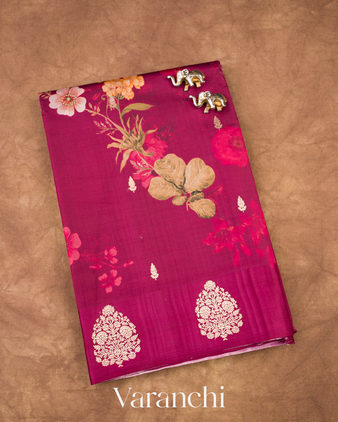 Burgundy Floral Printed Pure Raw Mango Silk Handloom Saree