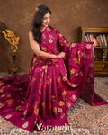 Burgundy Floral Printed Pure Raw Mango Silk Handloom Saree