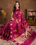 Burgundy Floral Printed Pure Raw Mango Silk Handloom Saree