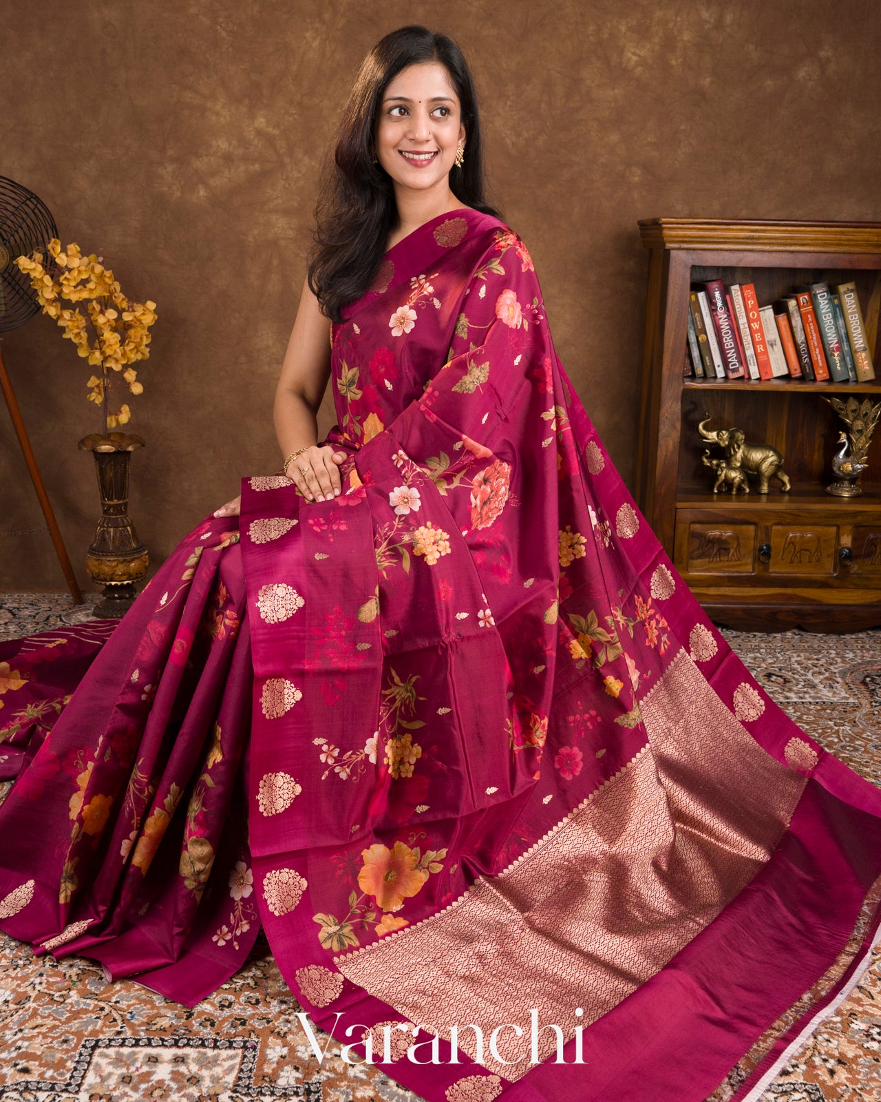 Burgundy Floral Printed Pure Raw Mango Silk Handloom Saree