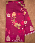 Burgundy Floral Printed Pure Raw Mango Silk Handloom Saree
