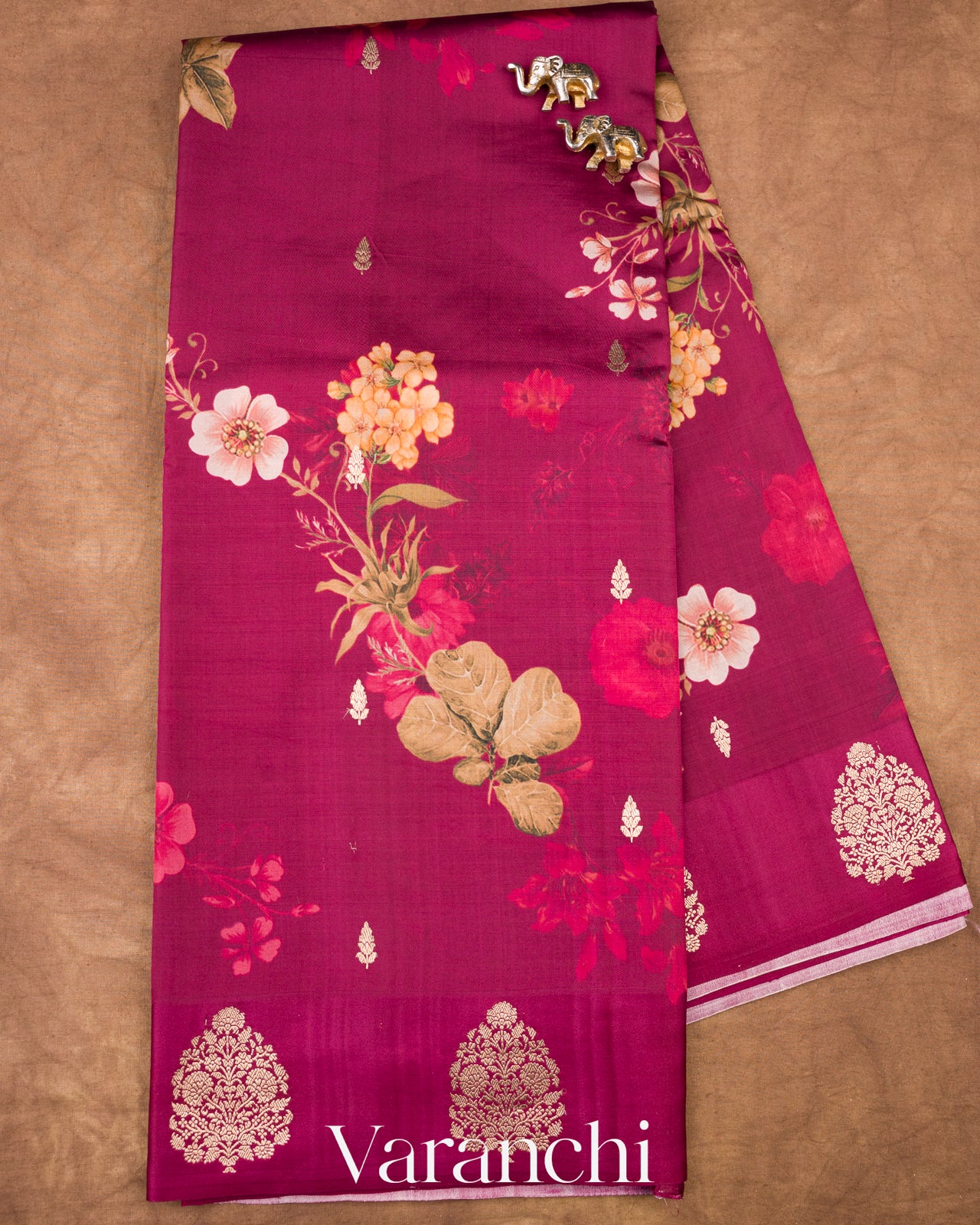 Burgundy Floral Printed Pure Raw Mango Silk Handloom Saree