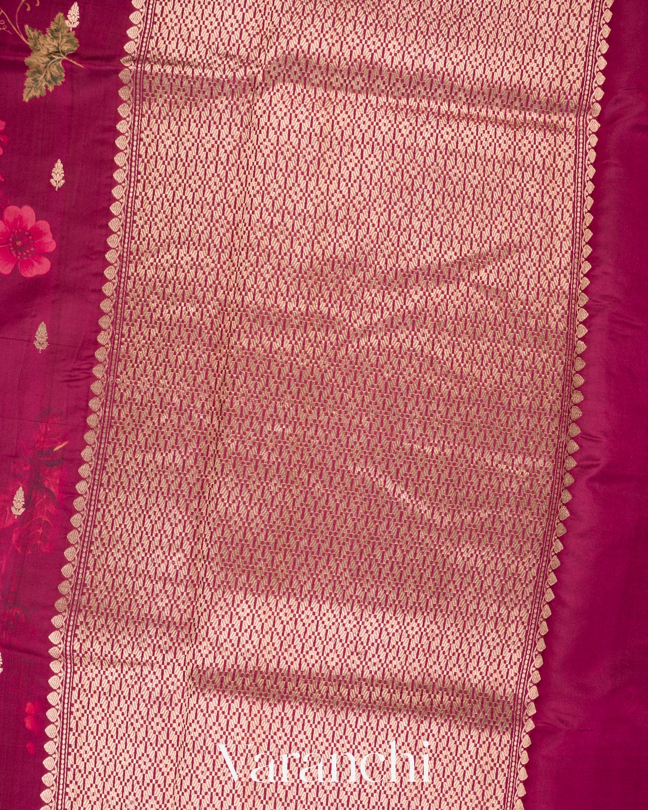 Burgundy Floral Printed Pure Raw Mango Silk Handloom Saree