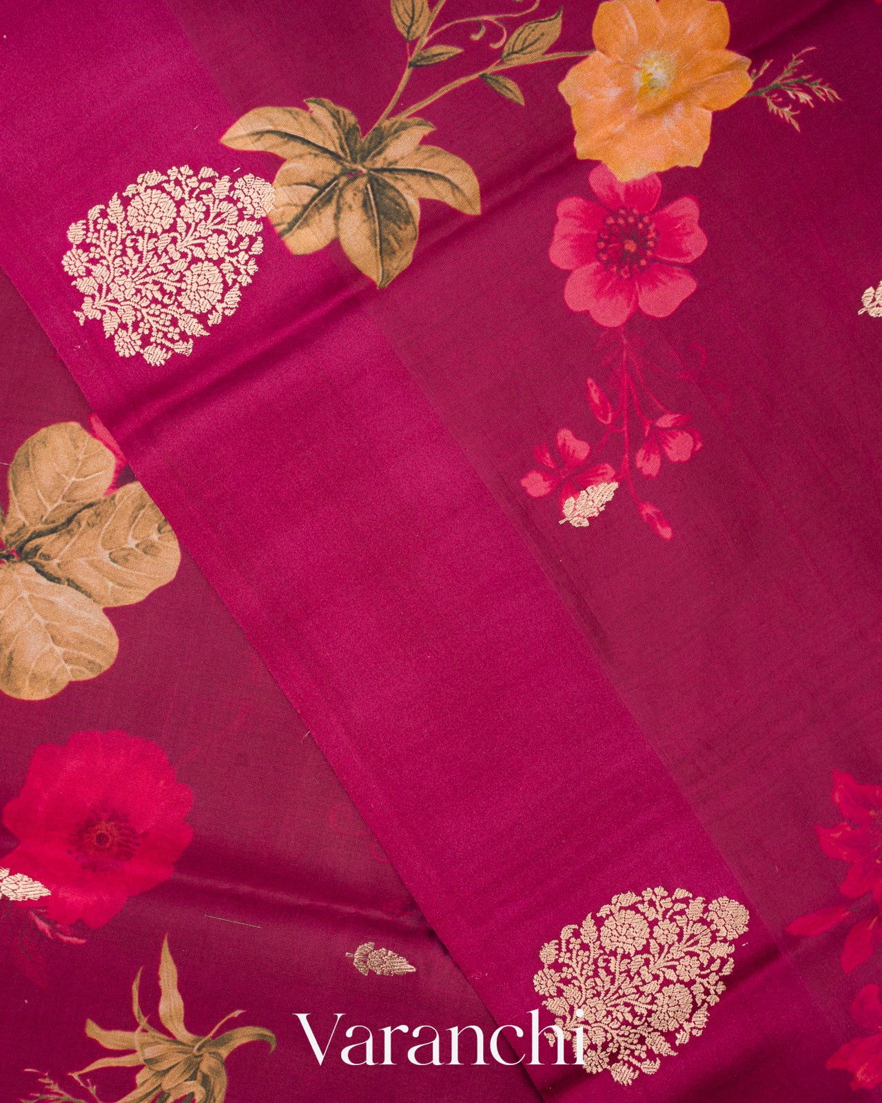 Burgundy Floral Printed Pure Raw Mango Silk Handloom Saree