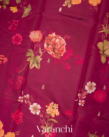Burgundy Floral Printed Pure Raw Mango Silk Handloom Saree