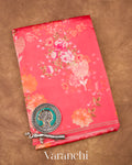 Deep Coral Pink Floral Printed Pure Raw Mango Silk Handloom Saree