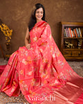 Deep Coral Pink Floral Printed Pure Raw Mango Silk Handloom Saree