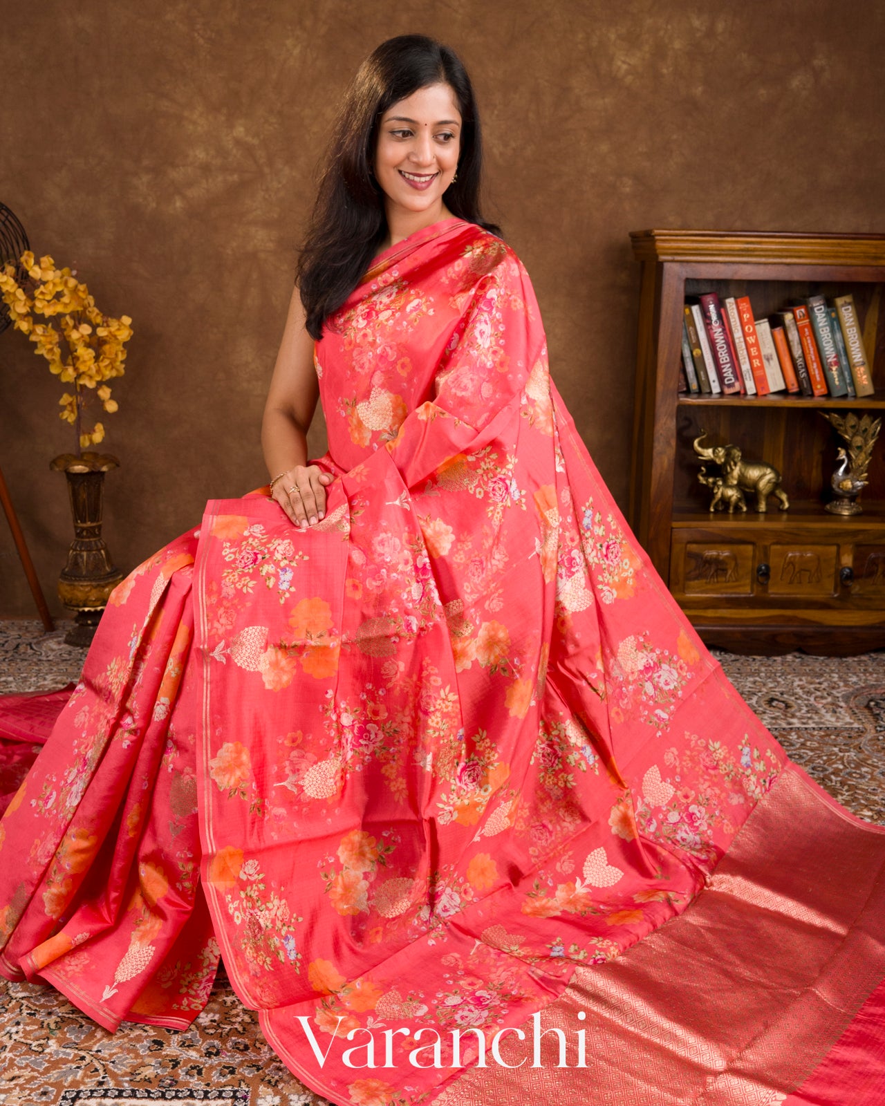 Deep Coral Pink Floral Printed Pure Raw Mango Silk Handloom Saree