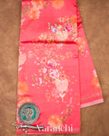 Deep Coral Pink Floral Printed Pure Raw Mango Silk Handloom Saree