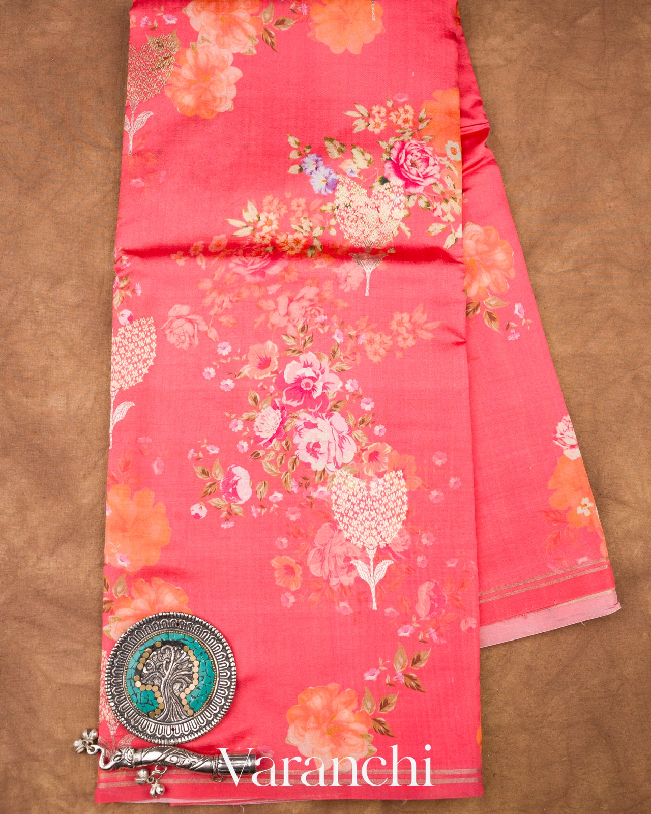 Deep Coral Pink Floral Printed Pure Raw Mango Silk Handloom Saree