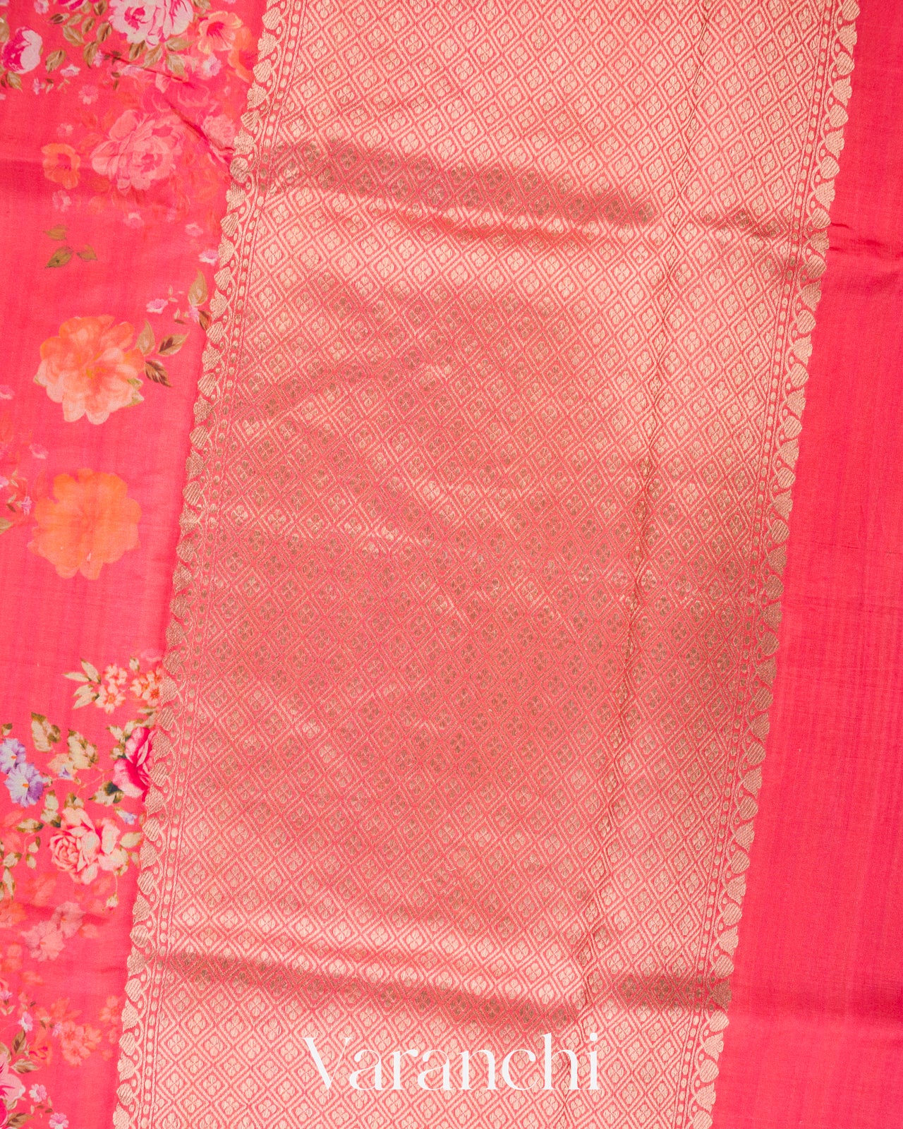 Deep Coral Pink Floral Printed Pure Raw Mango Silk Handloom Saree