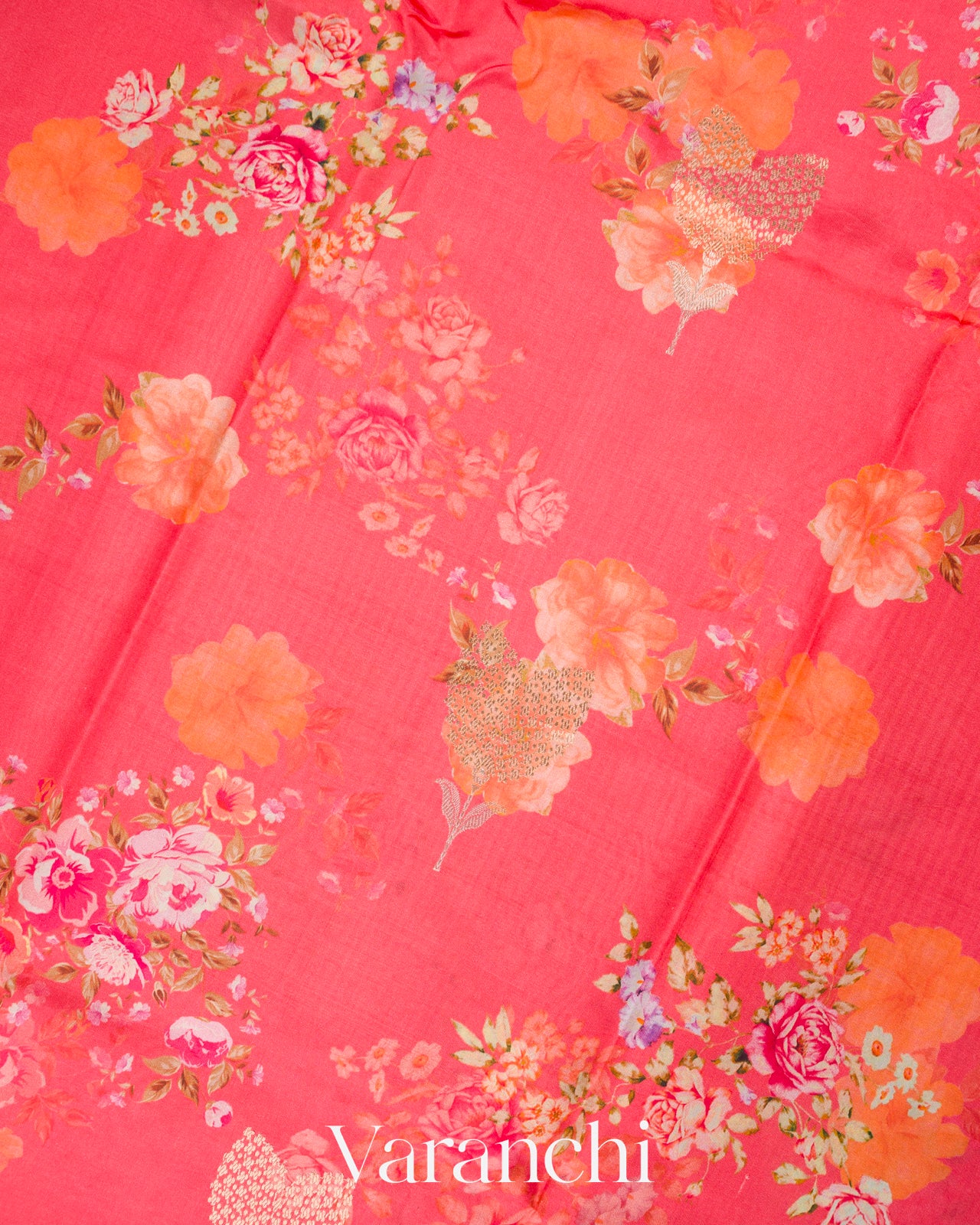 Deep Coral Pink Floral Printed Pure Raw Mango Silk Handloom Saree