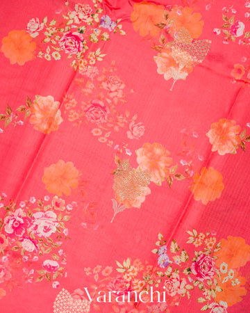 Deep Coral Pink Floral Printed Pure Raw Mango Silk Handloom Saree