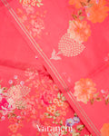 Deep Coral Pink Floral Printed Pure Raw Mango Silk Handloom Saree