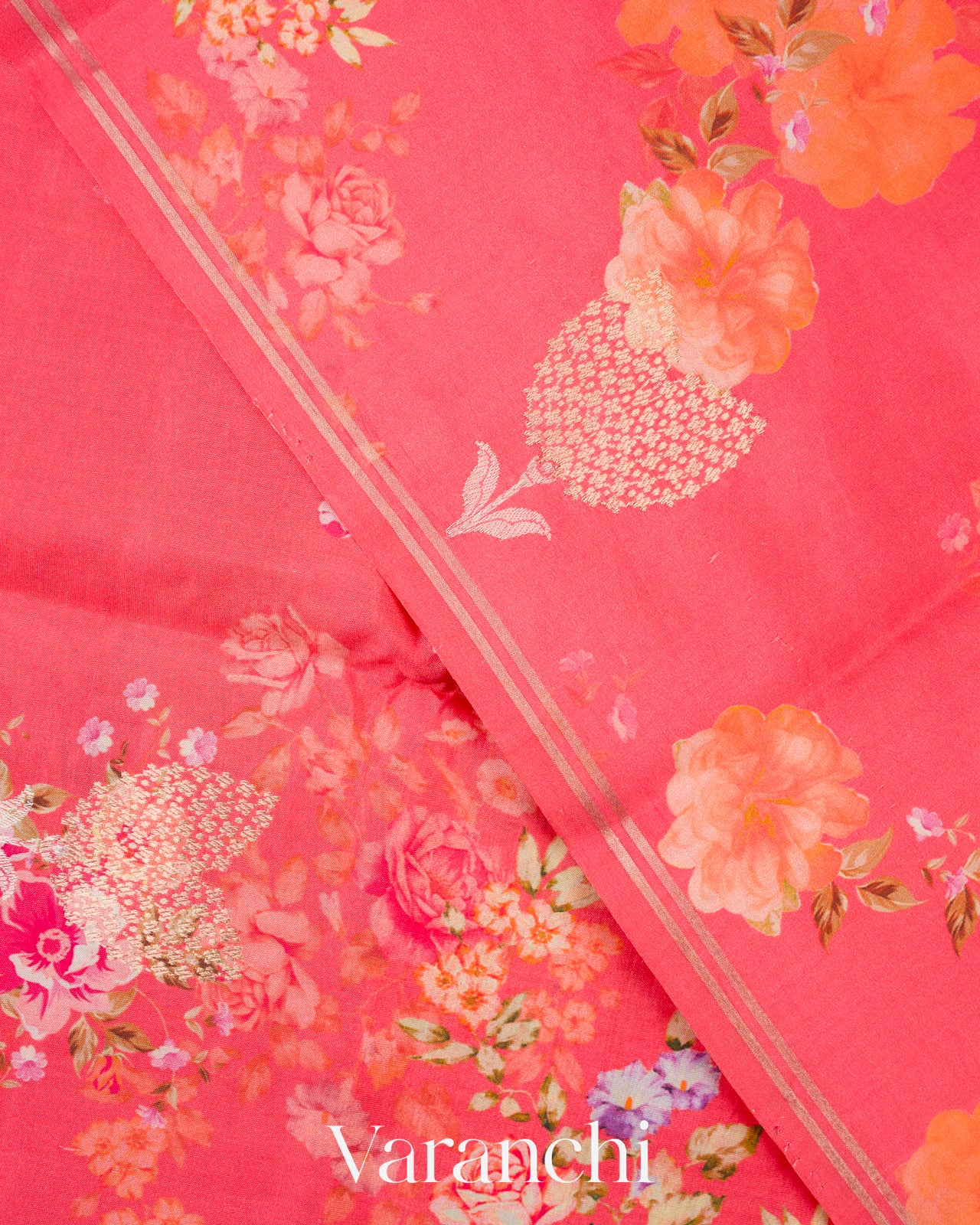 Deep Coral Pink Floral Printed Pure Raw Mango Silk Handloom Saree
