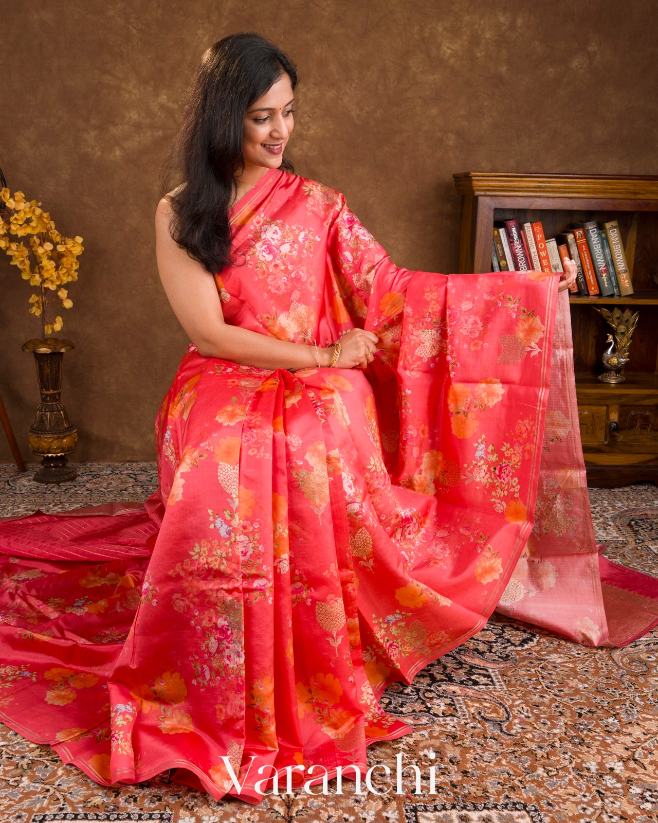 Deep Coral Pink Floral Printed Pure Raw Mango Silk Handloom Saree
