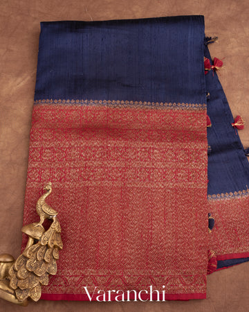 Navy Blue With Skirt Border Pure Raw Silk Handloom Saree