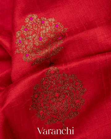 Red Borderless Pure Raw Silk Handloom Saree