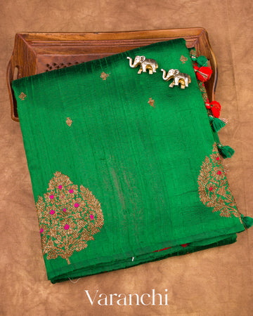 Dark Green Borderless Pure Raw Silk Handloom Saree