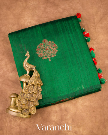Dark Green Borderless Pure Raw Silk Handloom Saree