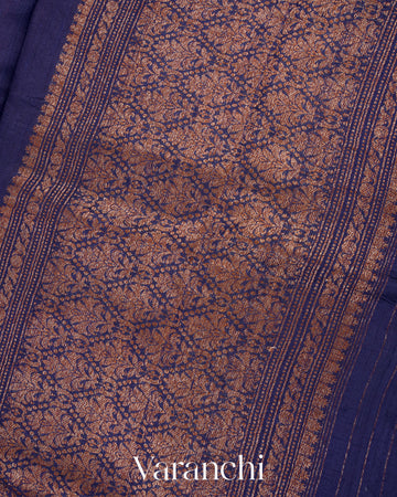 Navy Blue Borderless Pure Raw Silk Handloom Saree