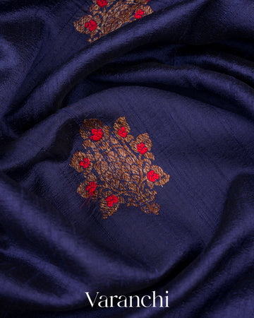 Navy Blue Borderless Pure Raw Silk Handloom Saree