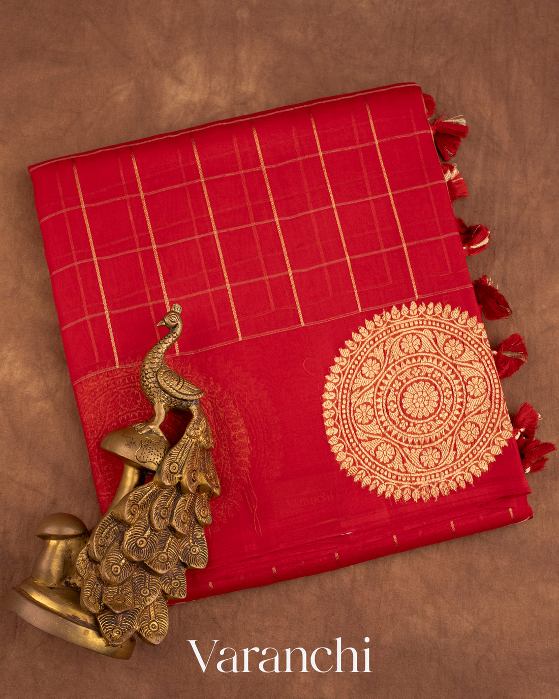 Red Checks Pure Kora Silk Handloom Saree