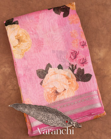 Baby Pink Printed Pure Silk Linen Saree